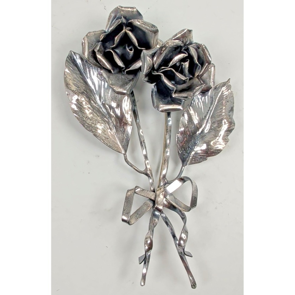 Vintage Sterling Silver 3D Double Rose Bouquet Ribbon Pin Brooch 31.2g